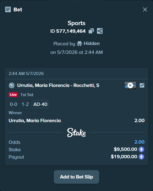 Bet slip: Urrutia, Maria Florencia - Rocchetti, S, $6,992.77 stake at 2.00 odds, placed by Hidden