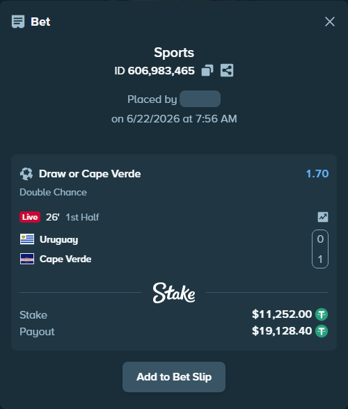 Bet slip: Uruguay - Cape Verde, $11,263.25 stake at 1.70 odds, placed by Salinactg321