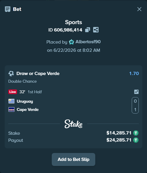 Bet slip: Uruguay - Cape Verde, $14,300.00 stake at 1.70 odds, placed by Albertosf90
