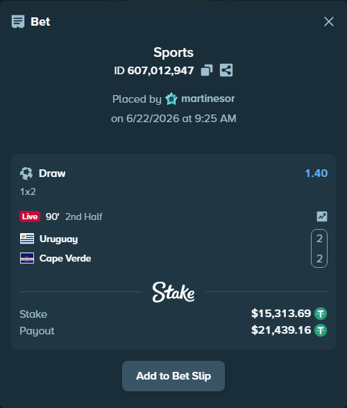 Bet slip: Uruguay - Cape Verde, $15,329.00 stake at 1.40 odds, placed by martinesor