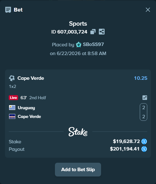 Bet slip: Uruguay - Cape Verde, $19,628.72 stake at 10.25 odds, placed by SBoSS97