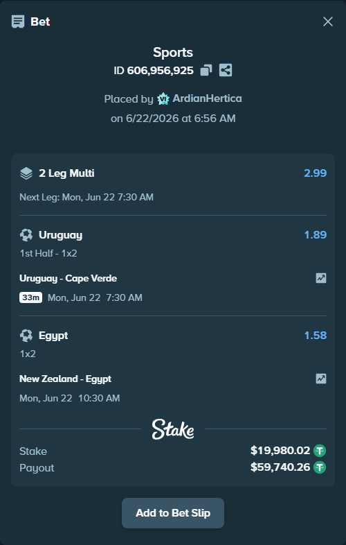 Bet slip: Uruguay - Cape Verde, $20,000.00 stake at 1.89 odds, placed by ArdianHertica