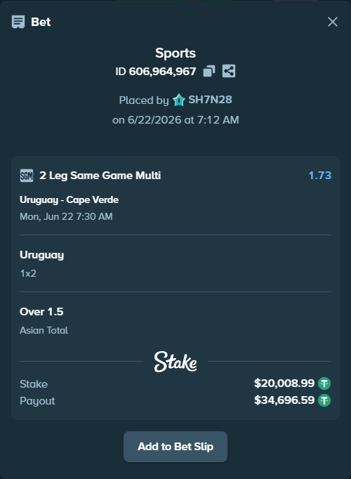 Bet slip: Uruguay - Cape Verde, $20,029.00 stake at 1.38 odds, placed by SH7N28
