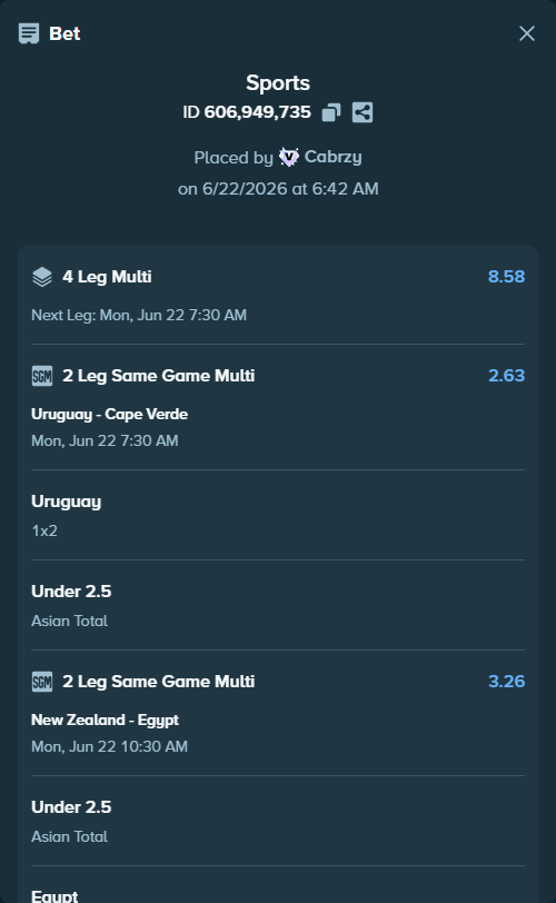 Bet slip: Uruguay - Cape Verde, $25,000.00 stake at 1.38 odds, placed by Cabrzy