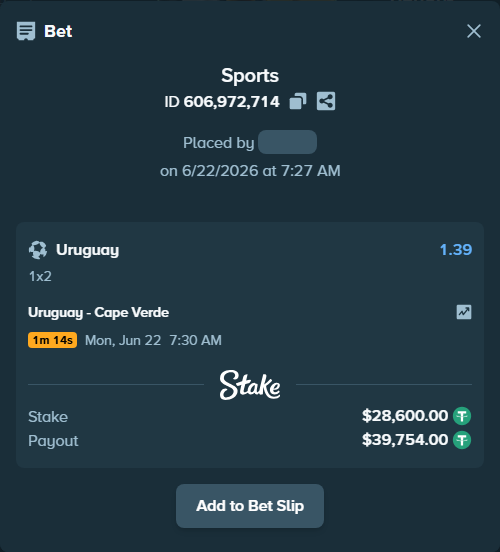 Bet slip: Uruguay - Cape Verde, $28,628.60 stake at 1.39 odds, placed by MaryamRich