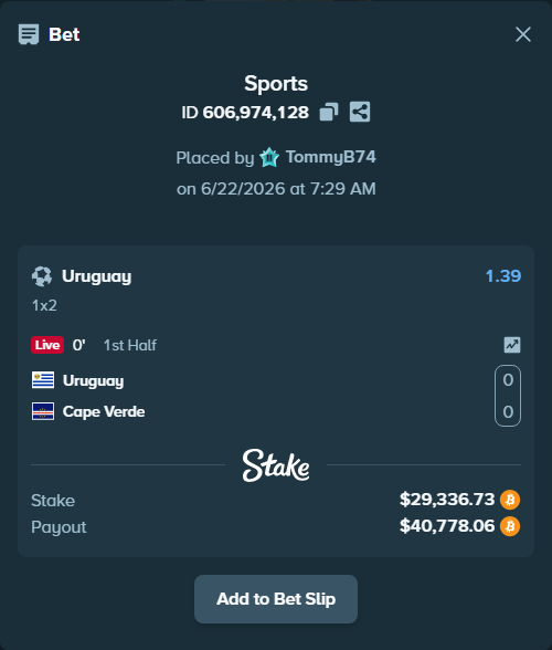 Bet slip: Uruguay - Cape Verde, $29,589.04 stake at 1.39 odds, placed by TommyB74