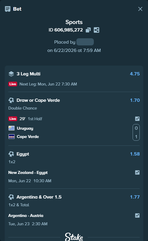 Bet slip: Uruguay - Cape Verde, $50,050.17 stake at 1.70 odds, placed by Bigfoltz