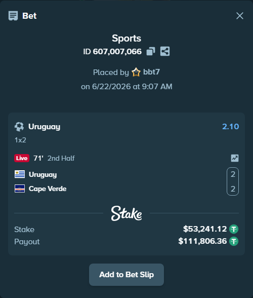 Bet slip: Uruguay - Cape Verde, $53,294.36 stake at 2.10 odds, placed by bbt7