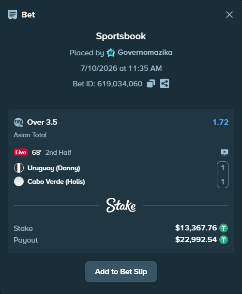 Bet slip: Uruguay (Danny) - Cabo Verde (Holis), $13,381.12 stake at 1.72 odds, placed by Governomazika