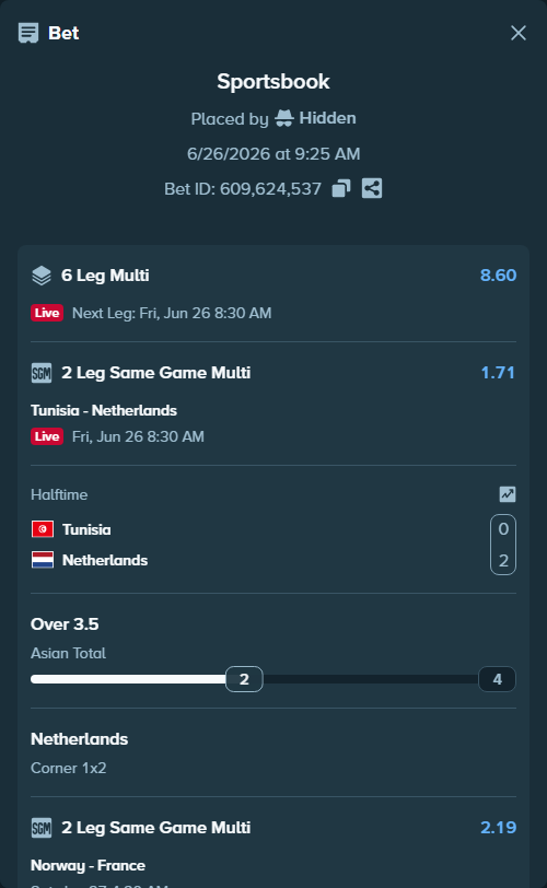 Bet slip: Uruguay - Spain, $10,000.00 stake at 1.91 odds, placed by Hidden