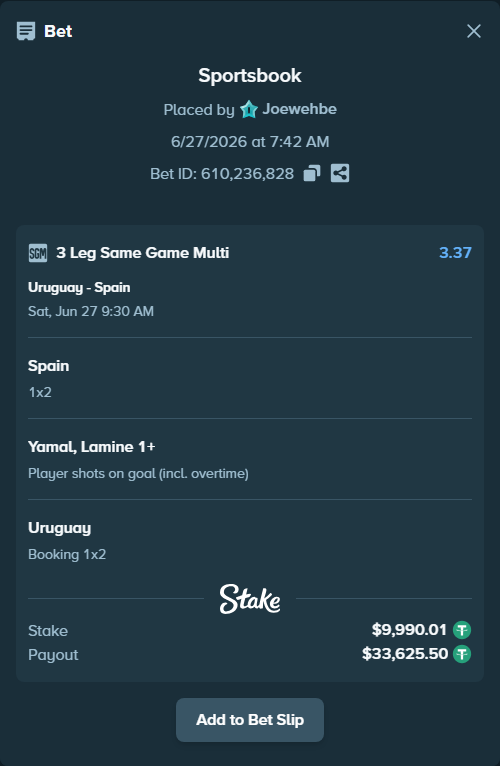 Bet slip: Uruguay - Spain, $10,000.00 stake at 1.63 odds, placed by Joewehbe