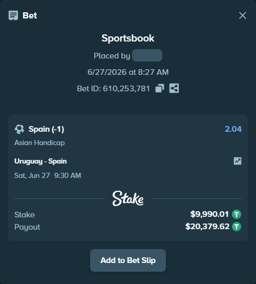 Bet slip: Uruguay - Spain, $10,000.00 stake at 2.04 odds, placed by Agus1033