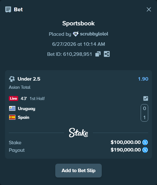Bet slip: Uruguay - Spain, $100,000.00 stake at 1.90 odds, placed by scrubbylolol