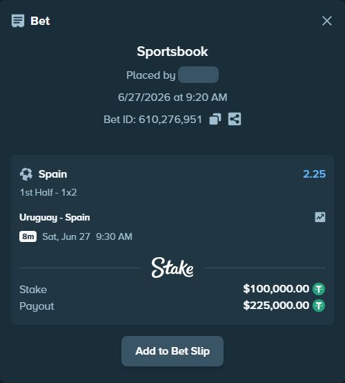 Bet slip: Uruguay - Spain, $100,100.00 stake at 2.25 odds, placed by Bajarangg83