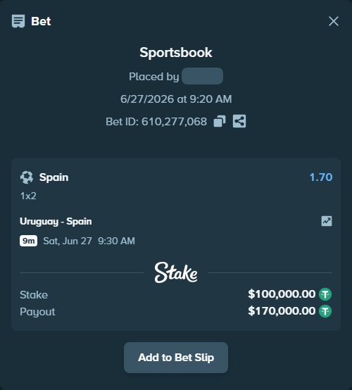 Bet slip: Uruguay - Spain, $100,100.00 stake at 1.70 odds, placed by Bajarangg83