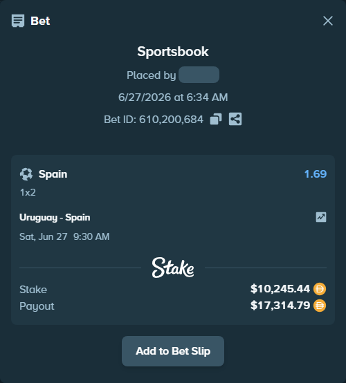 Bet slip: Uruguay - Spain, $10,180.89 stake at 1.69 odds, placed by n0m0neyn0h0e