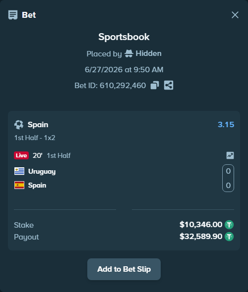 Bet slip: Uruguay - Spain, $10,356.35 stake at 3.15 odds, placed by Hidden