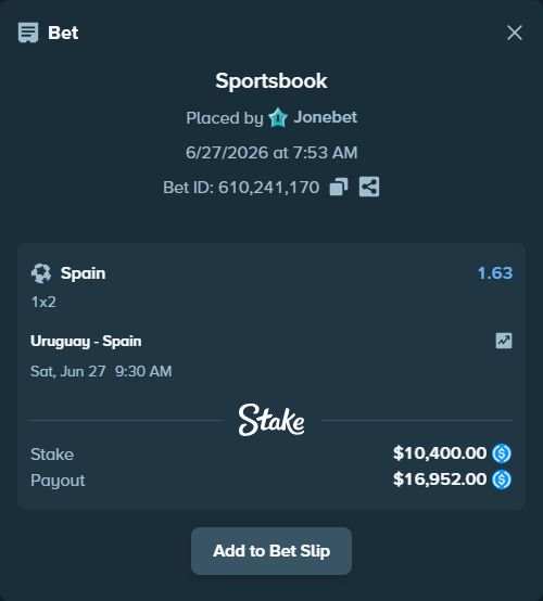 Bet slip: Uruguay - Spain, $10,400.00 stake at 1.63 odds, placed by Jonebet