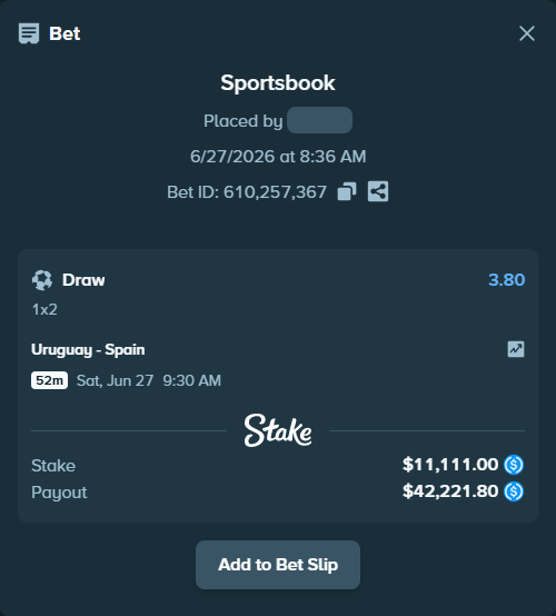 Bet slip: Uruguay - Spain, $11,111.00 stake at 3.80 odds, placed by crasser1