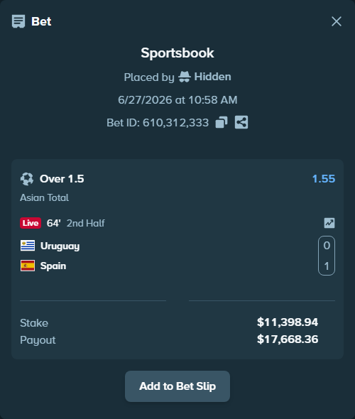 Bet slip: Uruguay - Spain, $11,728.62 stake at 1.55 odds, placed by Hidden