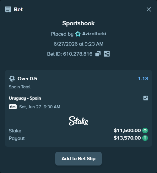Bet slip: Uruguay - Spain, $11,511.50 stake at 1.18 odds, placed by Azizalturki