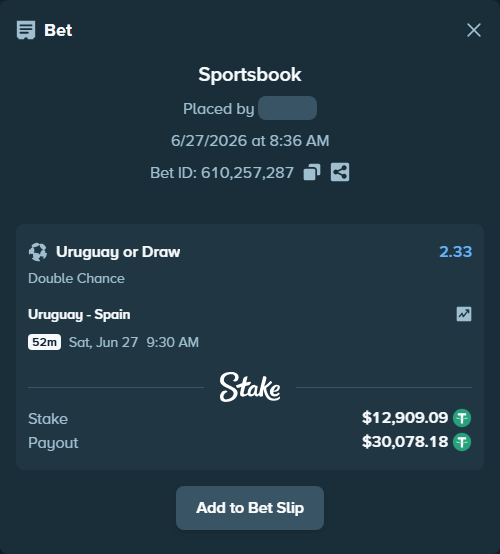 Bet slip: Uruguay - Spain, $12,922.00 stake at 2.33 odds, placed by heima01
