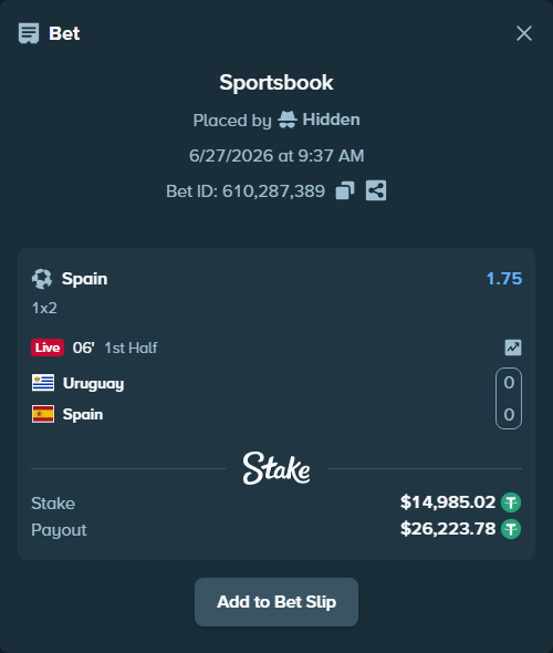 Bet slip: Uruguay - Spain, $15,000.00 stake at 1.75 odds, placed by Hidden