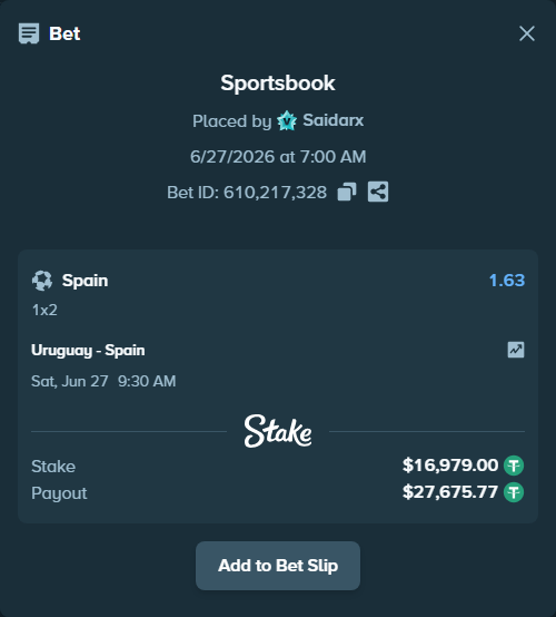 Bet slip: Uruguay - Spain, $16,995.98 stake at 1.63 odds, placed by Saidarx