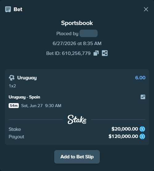 Bet slip: Uruguay - Spain, $20,000.00 stake at 6.00 odds, placed by Jossgus