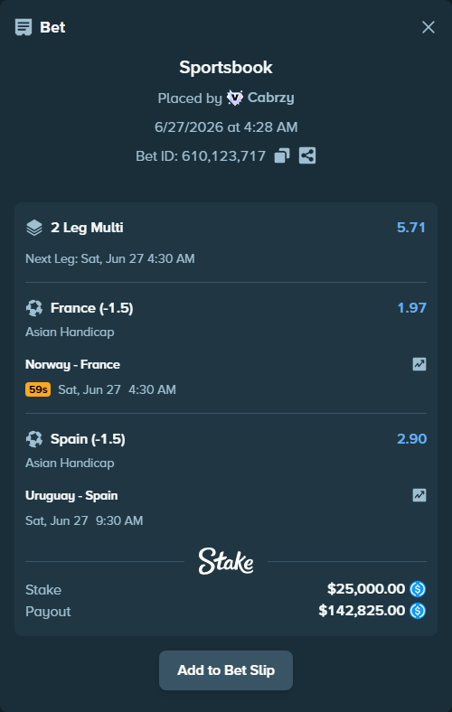 Bet slip: Uruguay - Spain, $25,000.00 stake at 2.90 odds, placed by Cabrzy