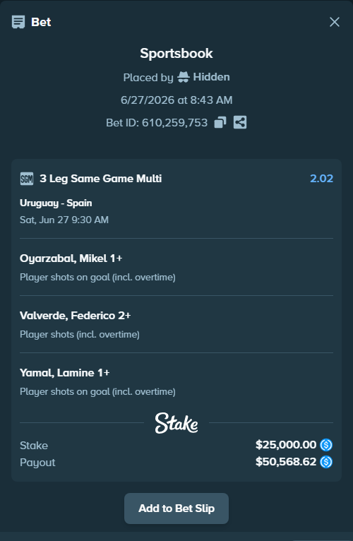 Bet slip: Uruguay - Spain, $25,000.00 stake at 1.22 odds, placed by Cabrzy