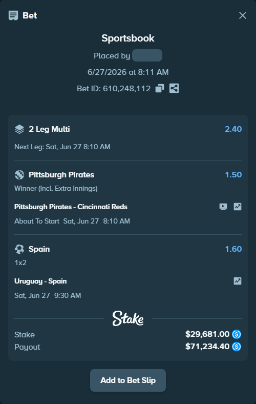 Bet slip: Uruguay - Spain, $29,681.00 stake at 1.60 odds, placed by piropiro12