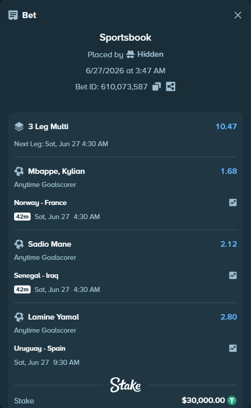 Bet slip: Uruguay - Spain, $30,030.00 stake at 2.80 odds, placed by Hidden