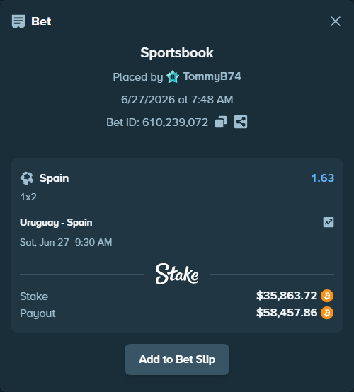 Bet slip: Uruguay - Spain, $38,594.40 stake at 1.63 odds, placed by TommyB74