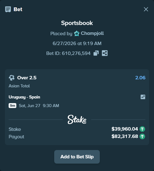 Bet slip: Uruguay - Spain, $40,000.00 stake at 2.06 odds, placed by Champjoll