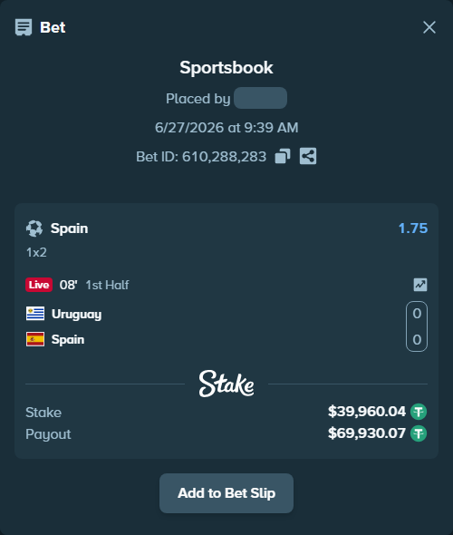 Bet slip: Uruguay - Spain, $40,000.00 stake at 1.75 odds, placed by fadennesaroush