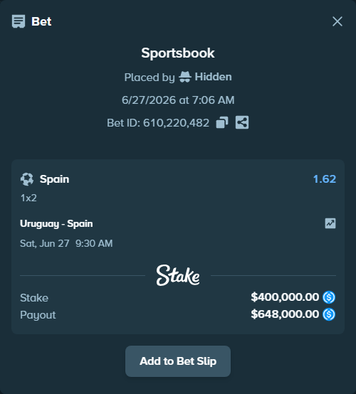 Bet slip: Uruguay - Spain, $400,000.00 stake at 1.62 odds, placed by Hidden
