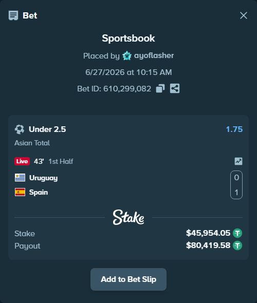 Bet slip: Uruguay - Spain, $46,000.00 stake at 1.75 odds, placed by ayoflasher