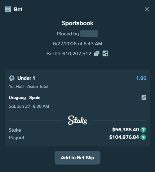 Bet slip: Uruguay - Spain, $56,441.78 stake at 1.86 odds, placed by xmsand