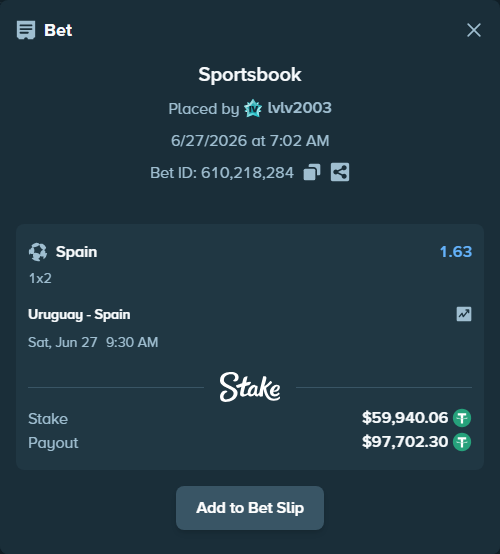 Bet slip: Uruguay - Spain, $60,000.00 stake at 1.63 odds, placed by lvlv2003