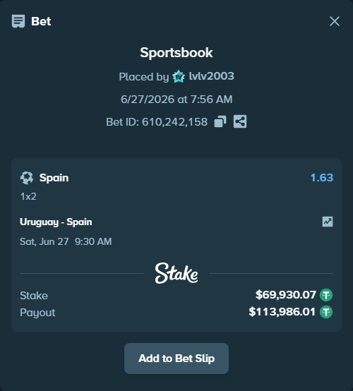 Bet slip: Uruguay - Spain, $70,000.00 stake at 1.63 odds, placed by lvlv2003