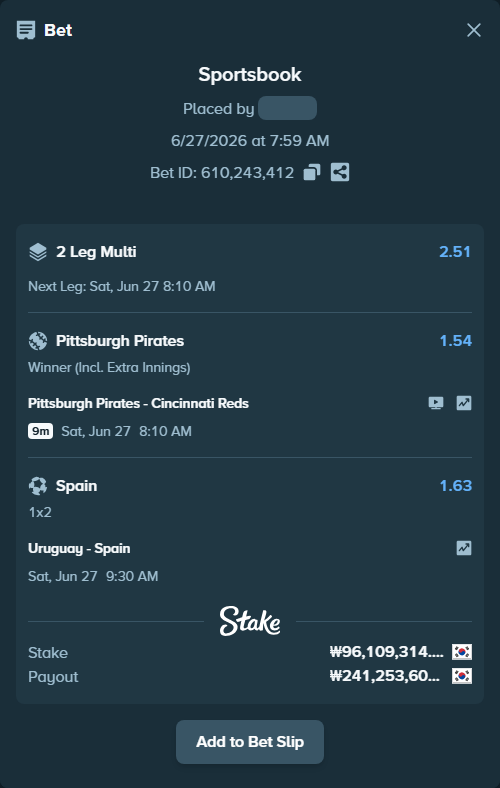 Bet slip: Uruguay - Spain, $72,081.99 stake at 1.63 odds, placed by piropiro12