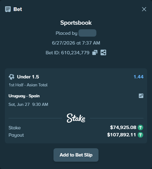 Bet slip: Uruguay - Spain, $75,000.00 stake at 1.44 odds, placed by dumbxst