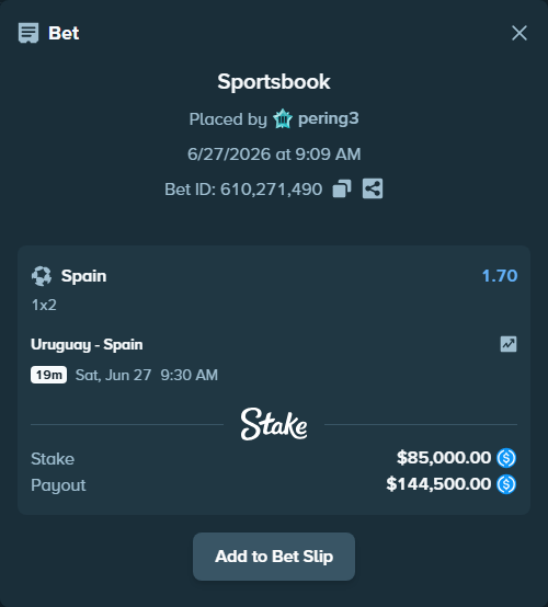Bet slip: Uruguay - Spain, $85,000.00 stake at 1.70 odds, placed by pering3