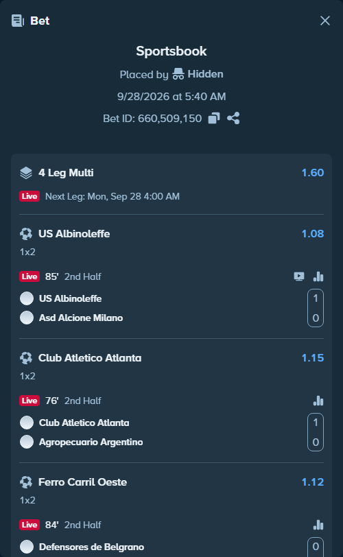 Bet slip: US Albinoleffe - Alcione Milano, $10,000.00 stake at 1.08 odds, placed by Usklood