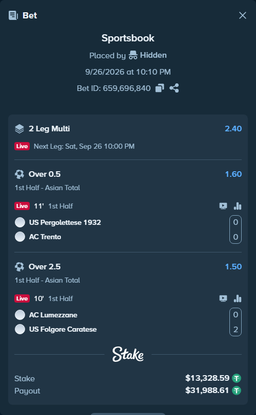 Bet slip: US Pergolettese Crema - AC Trento, $13,328.59 stake at 1.60 odds, placed by Hidden