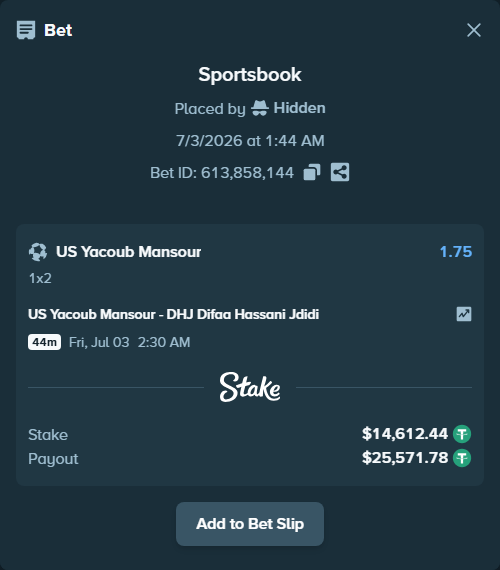 Bet slip: US Yacoub Mansour - Difaa Hassani d'el-Jadida, $14,627.06 stake at 1.75 odds, placed by Hidden