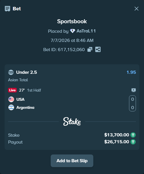 Bet slip: USA - Argentina, $13,713.70 stake at 1.95 odds, placed by AsTraL11