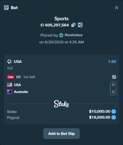 Bet slip: USA - Australia, $10,000.00 stake at 1.60 odds, placed by Noahekse