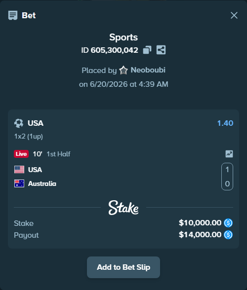 Bet slip: USA - Australia, $10,000.00 stake at 1.40 odds, placed by Neoboubi